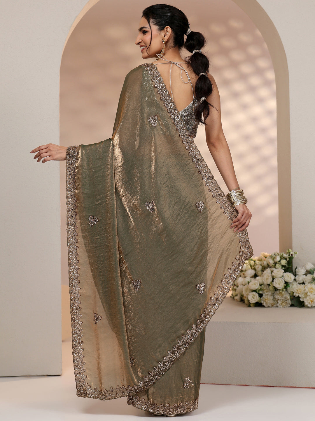 Libas Metallic Olive Green Embellished Tissue Saree 
