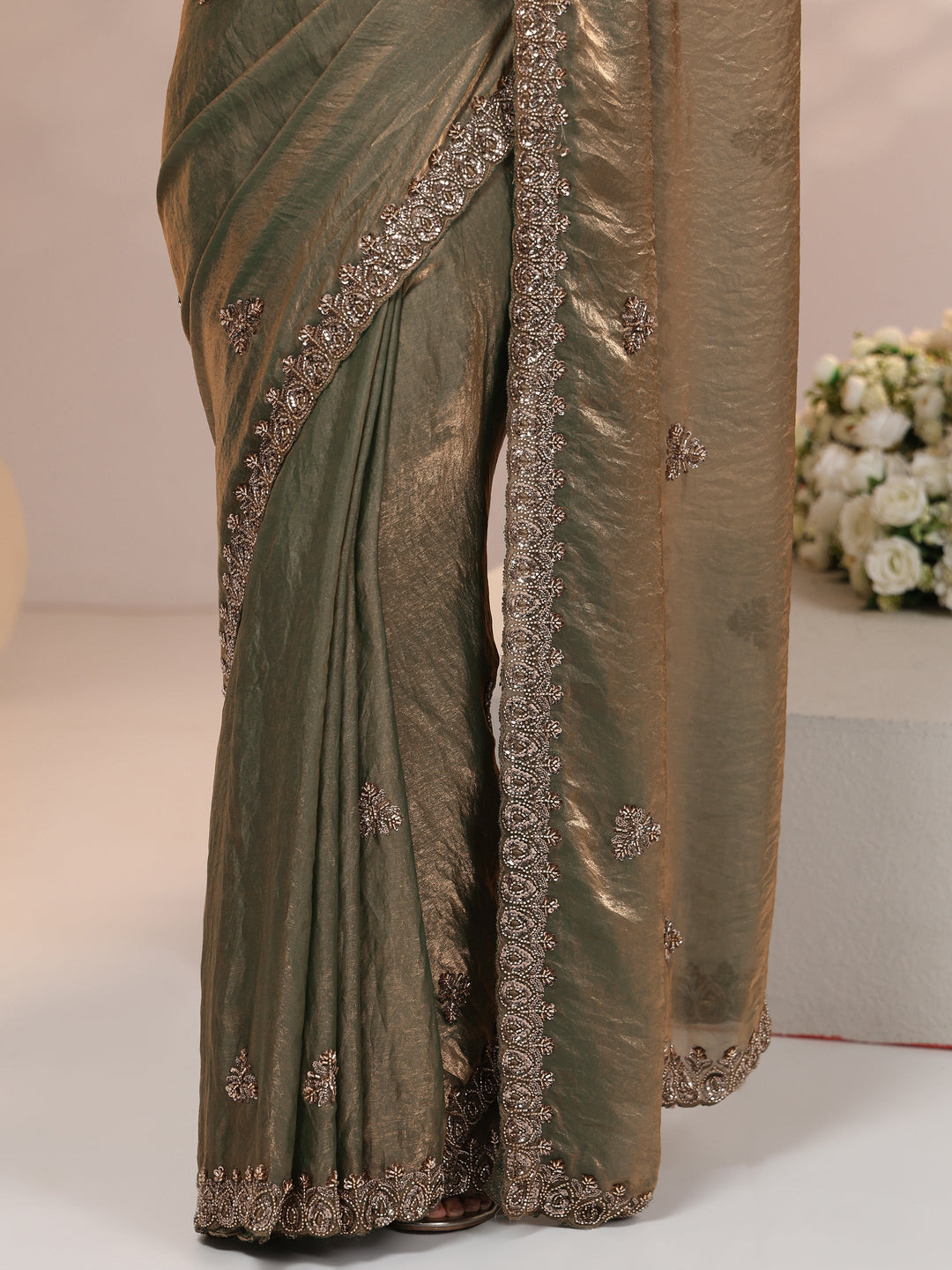  Libas Metallic Olive Green Embellished Tissue Saree 