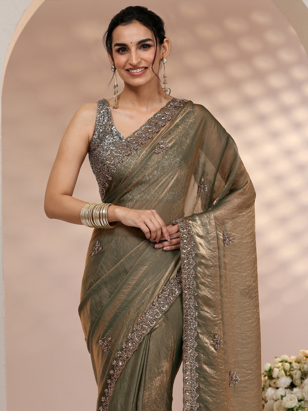  Libas Metallic Olive Green Embellished Tissue Saree 