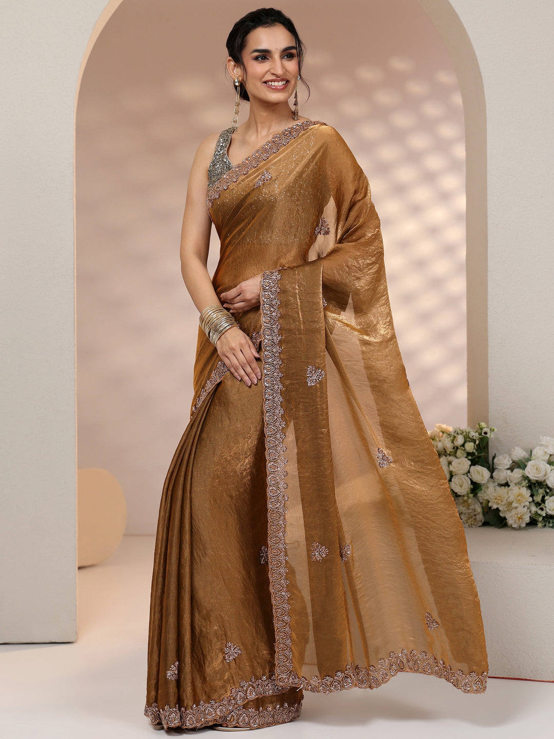  Libas Brown Embellished Tissue Saree 
