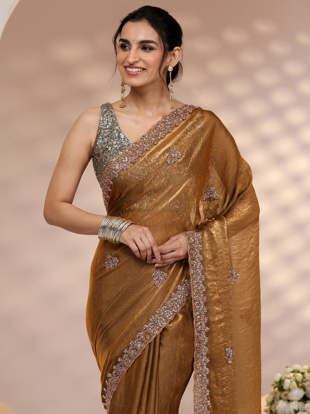  Libas Brown Embellished Tissue Saree 