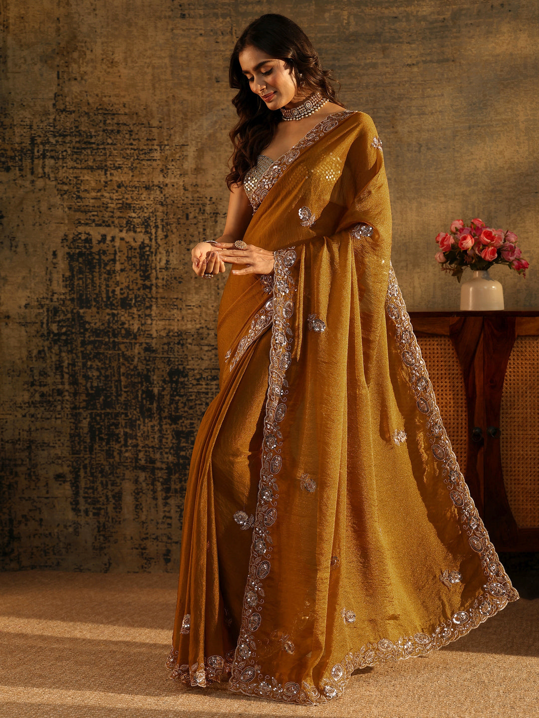  Libas Art Antique Gold Sequin Embellished Georgette Saree 