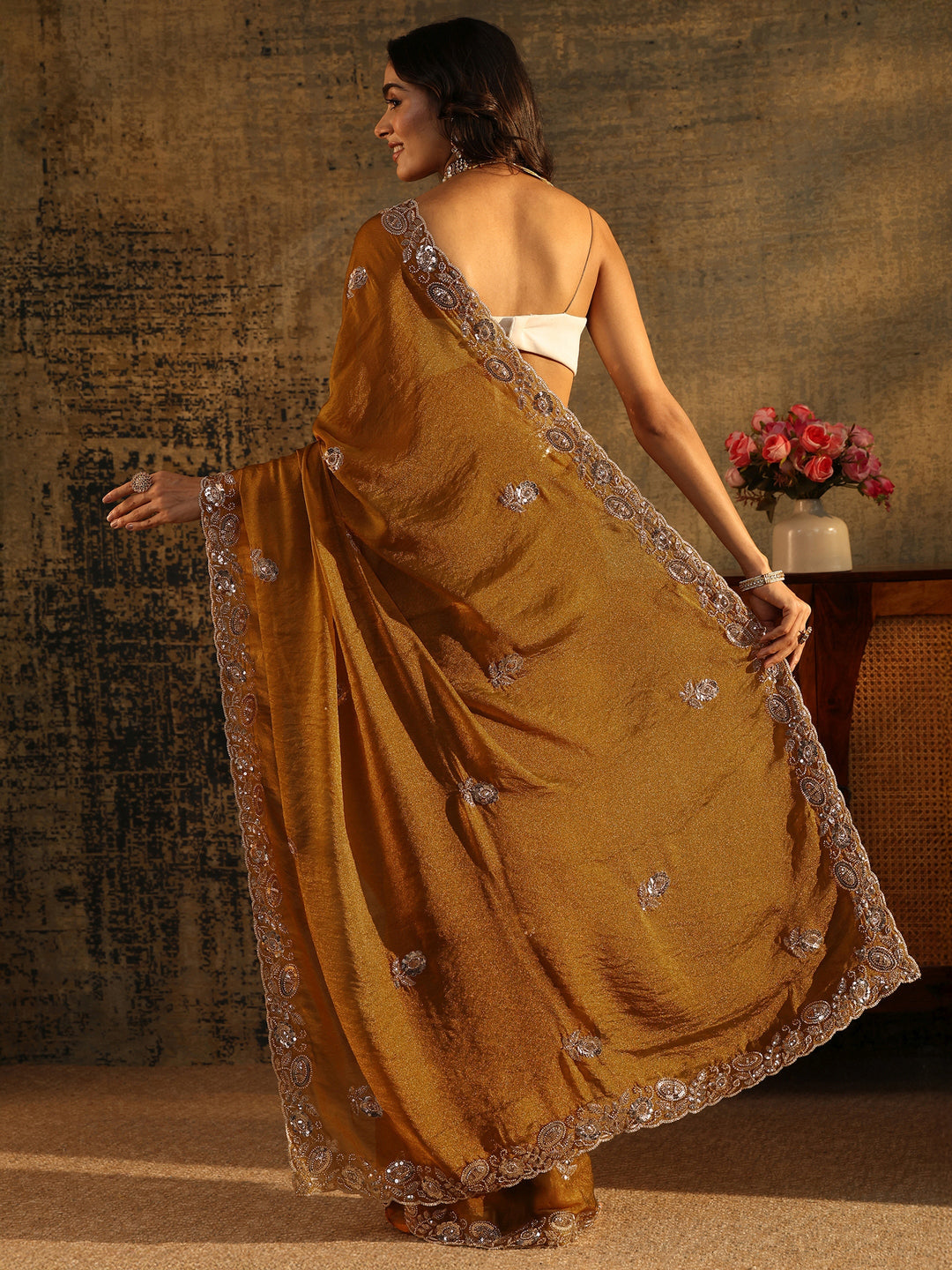  Libas Art Antique Gold Sequin Embellished Georgette Saree 