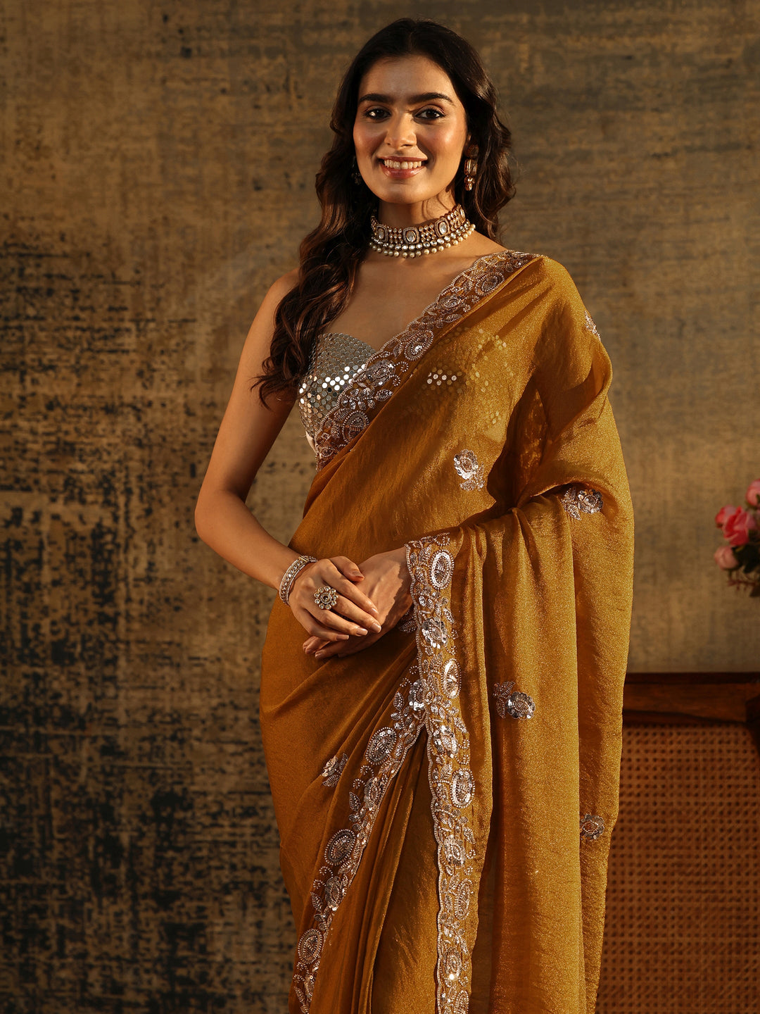  Libas Art Antique Gold Sequin Embellished Georgette Saree 