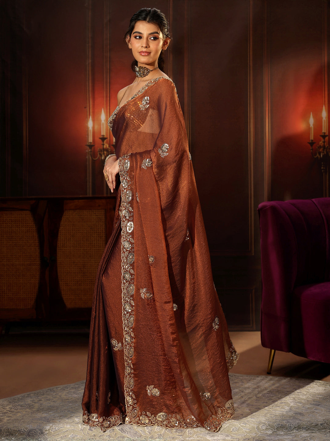  Libas Art Rust Brown Embellished Tissue Saree 