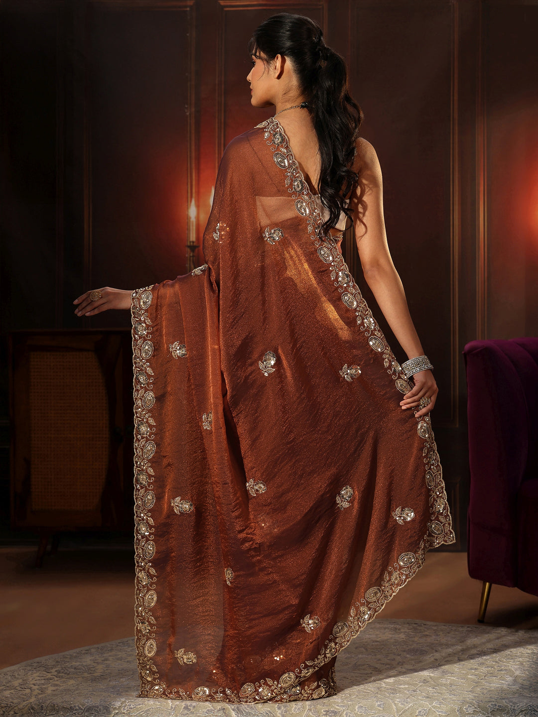  Libas Art Rust Brown Embellished Tissue Saree 