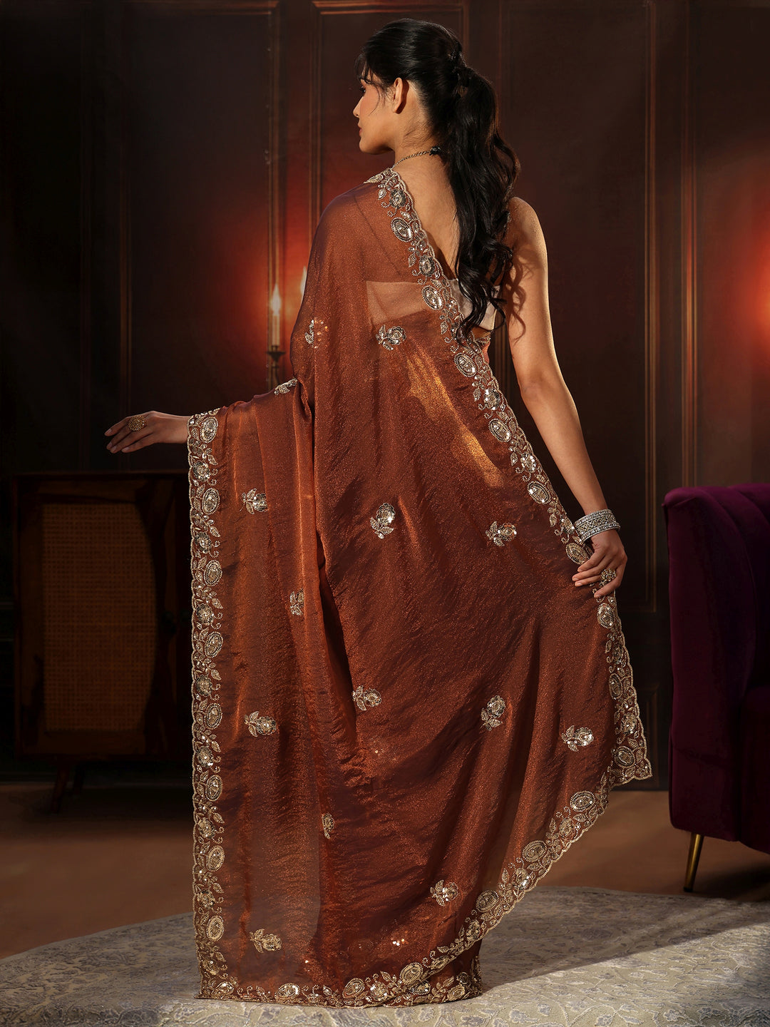  Libas Art Rust Brown Embellished Tissue Saree 