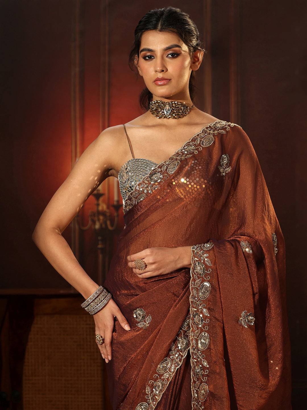  Libas Art Rust Brown Embellished Tissue Saree 