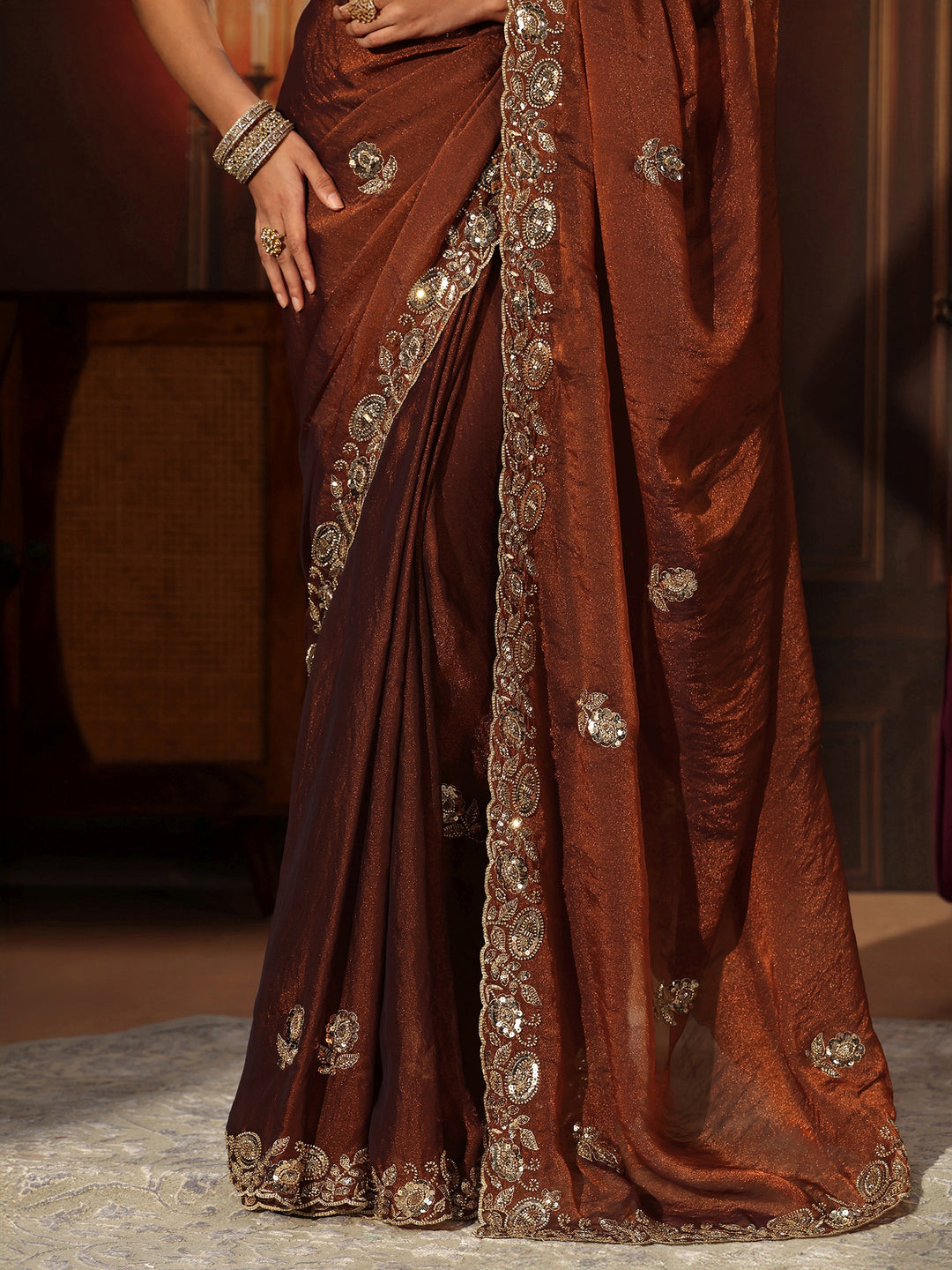  Libas Art Rust Brown Embellished Tissue Saree 