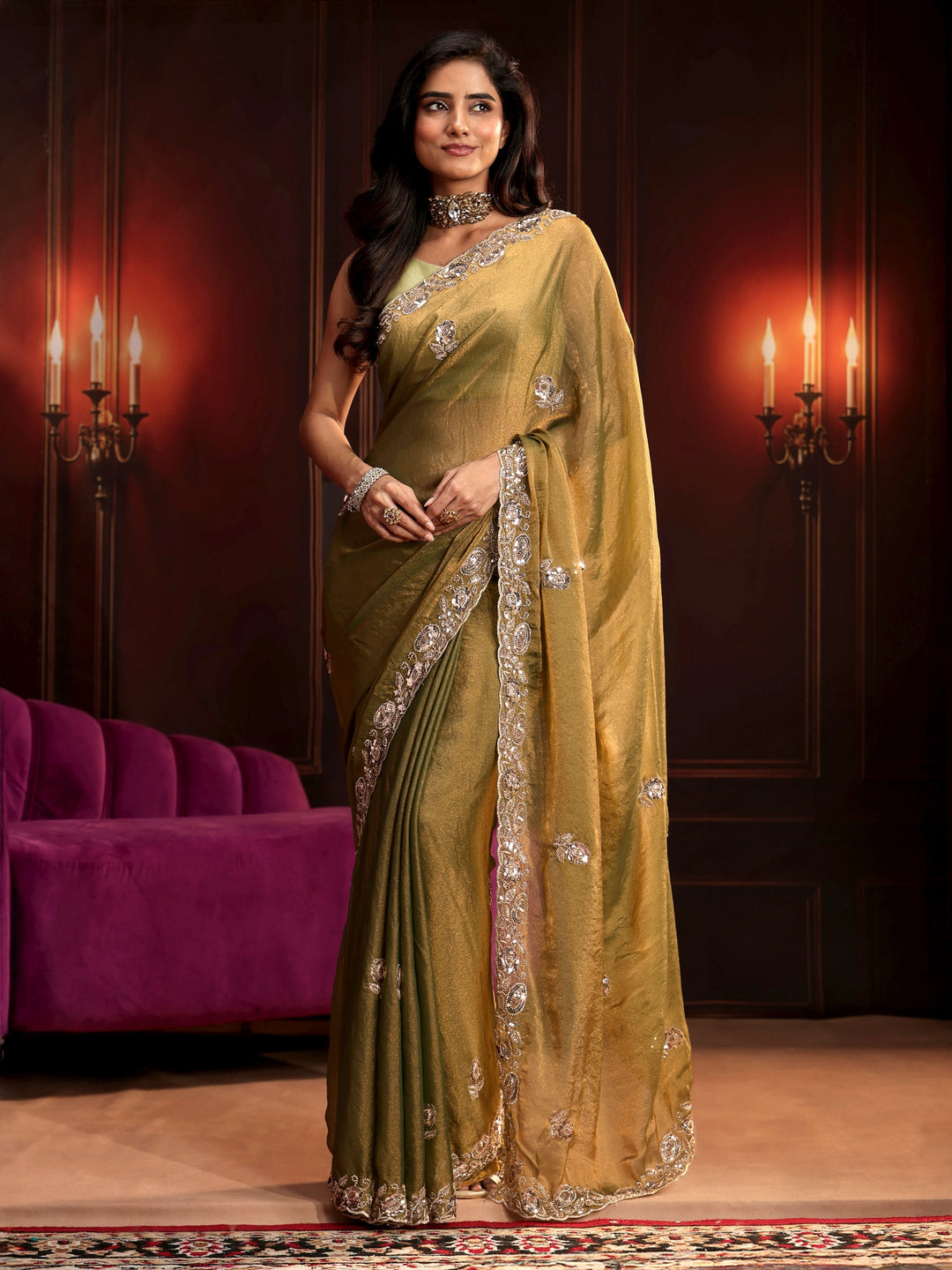  Libas Art Henna Green Floral Embellished Tissue Saree 