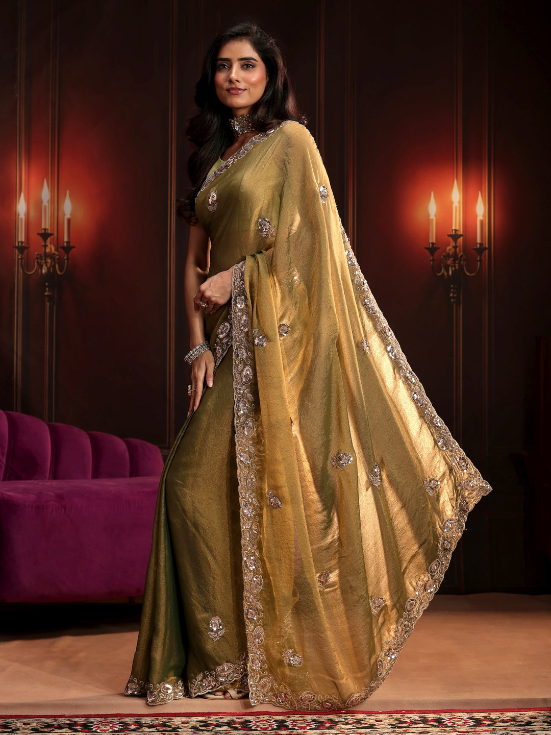  Libas Art Henna Green Floral Embellished Tissue Saree 