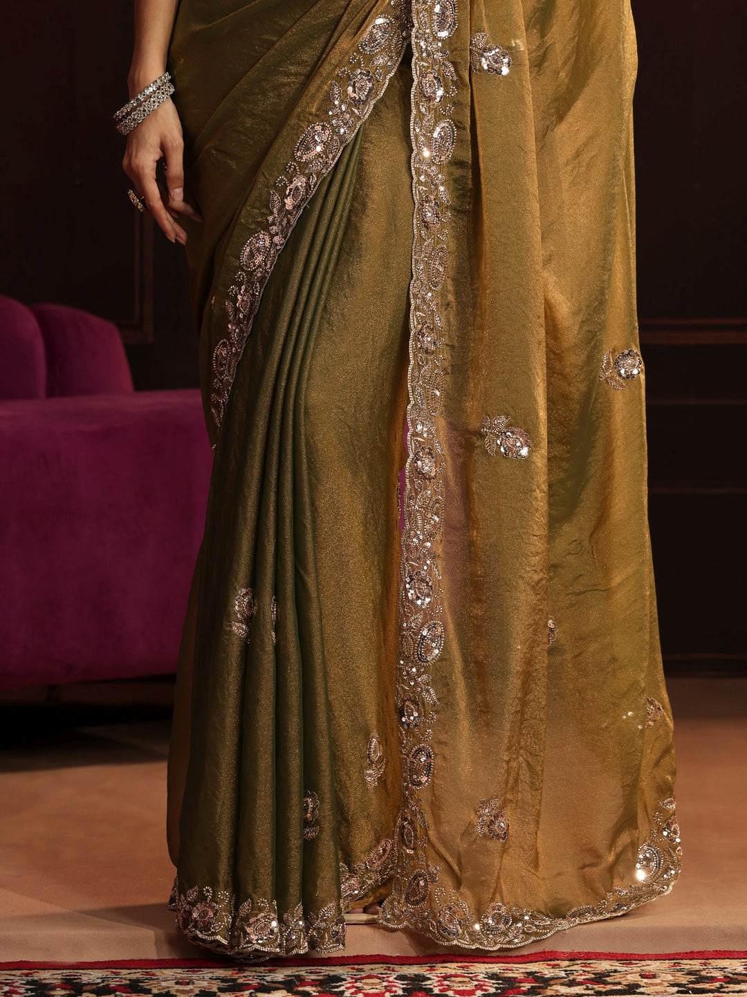  Libas Art Henna Green Floral Embellished Tissue Saree 
