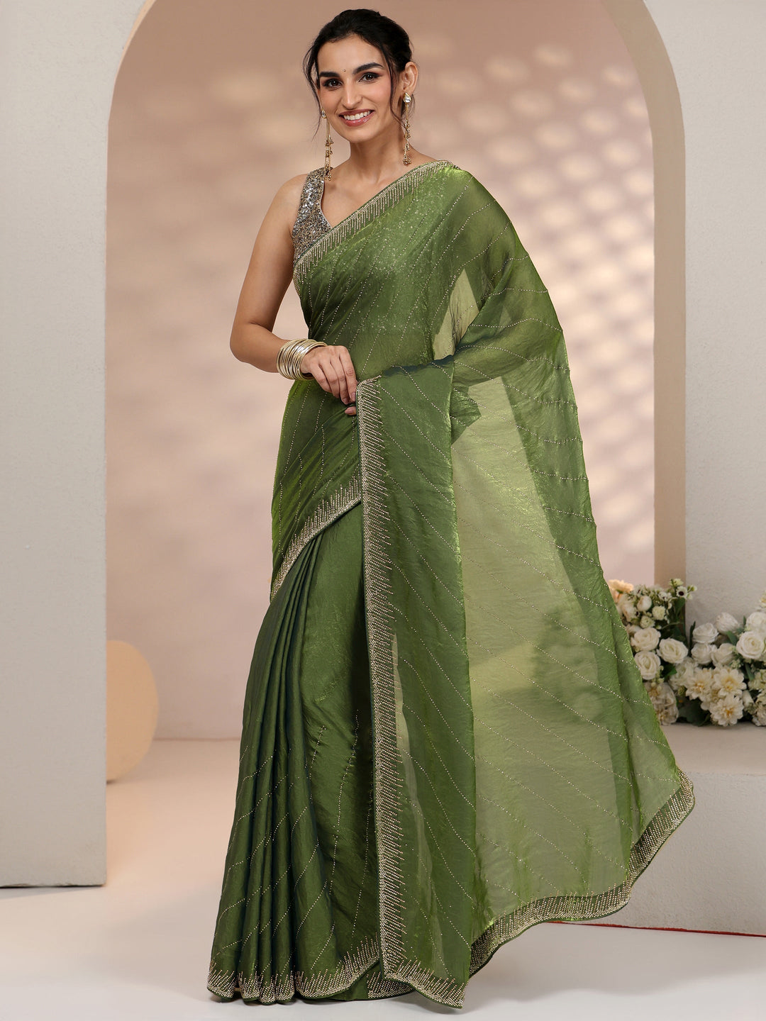  Libas Olive Green Stone Work Striped Embellished Tissue Saree 
