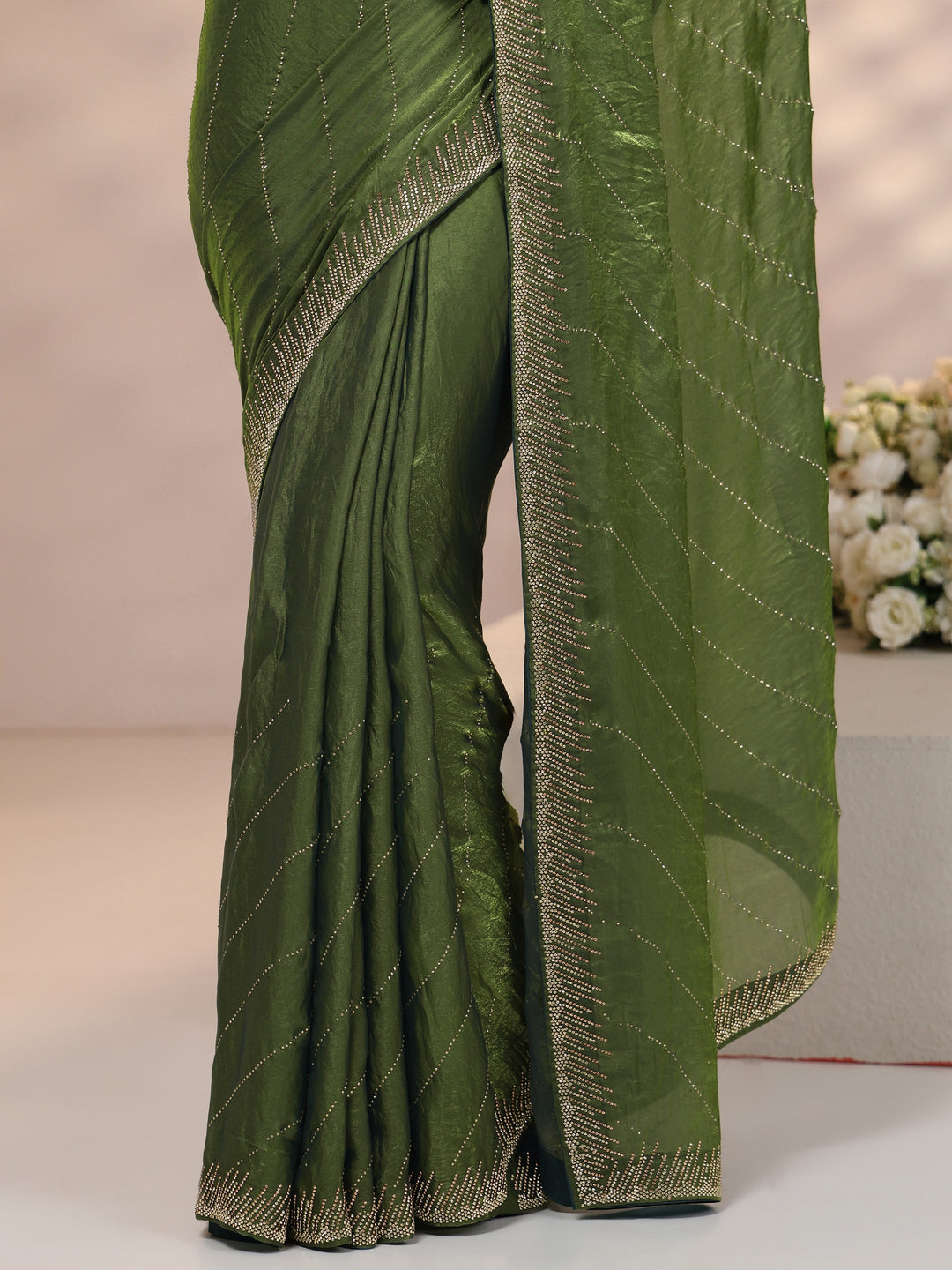  Libas Olive Green Stone Work Striped Embellished Tissue Saree 