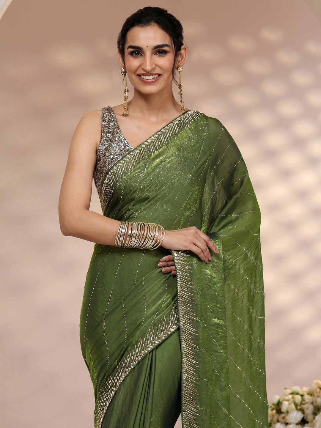  Libas Olive Green Stone Work Striped Embellished Tissue Saree 
