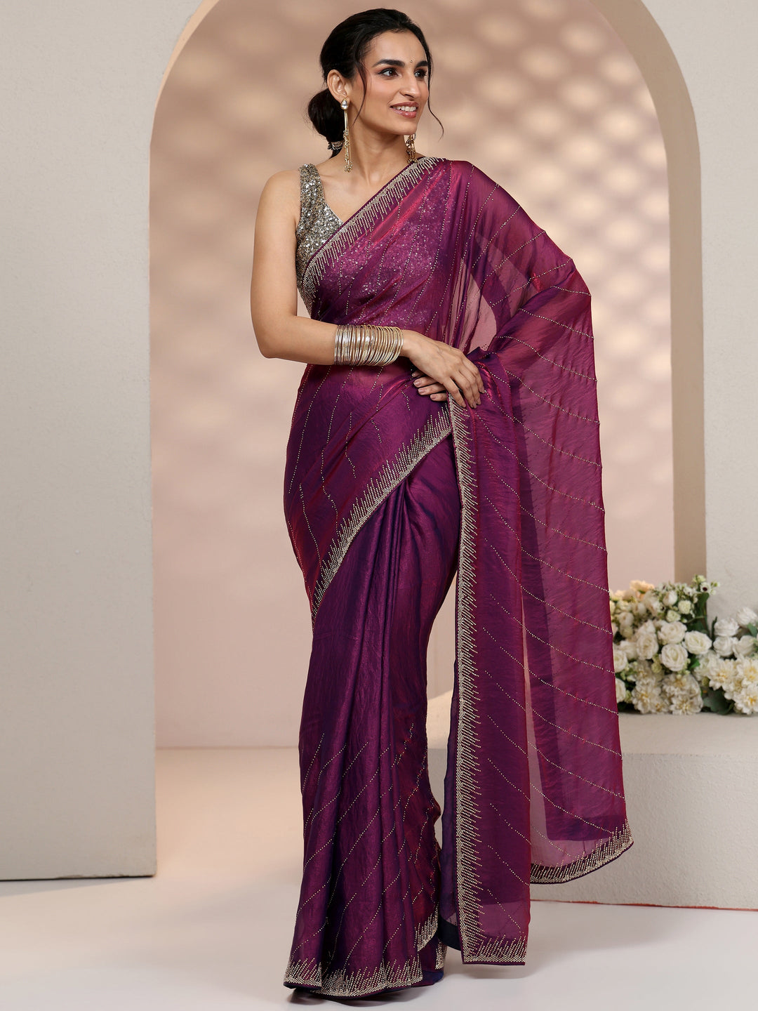  Libas Plum Purple Stone Work Striped Embellished Tissue Saree 