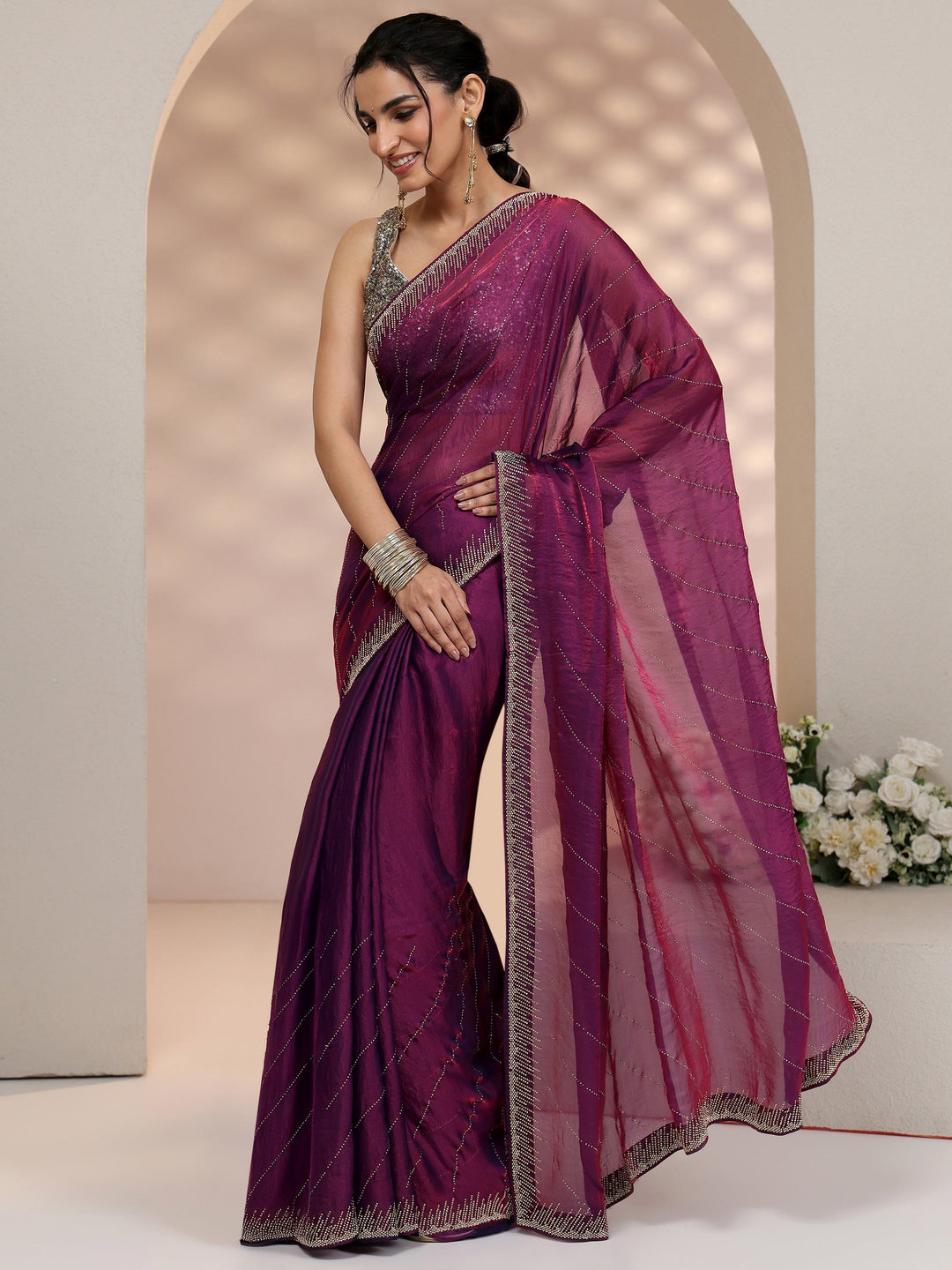  Libas Plum Purple Stone Work Striped Embellished Tissue Saree 
