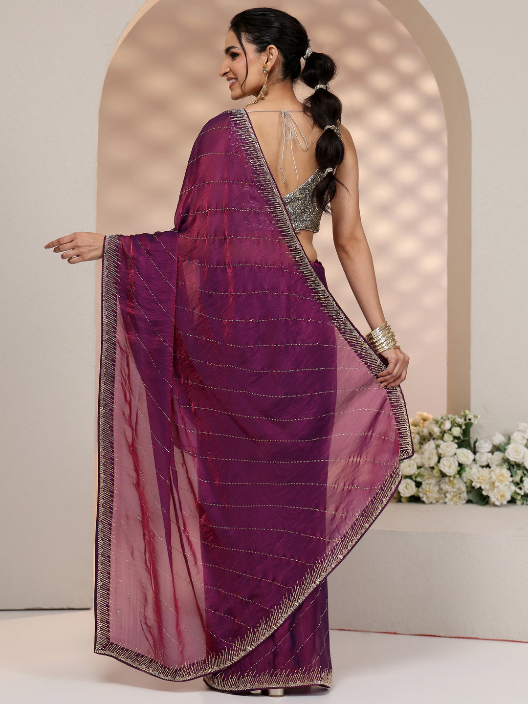  Libas Plum Purple Stone Work Striped Embellished Tissue Saree 