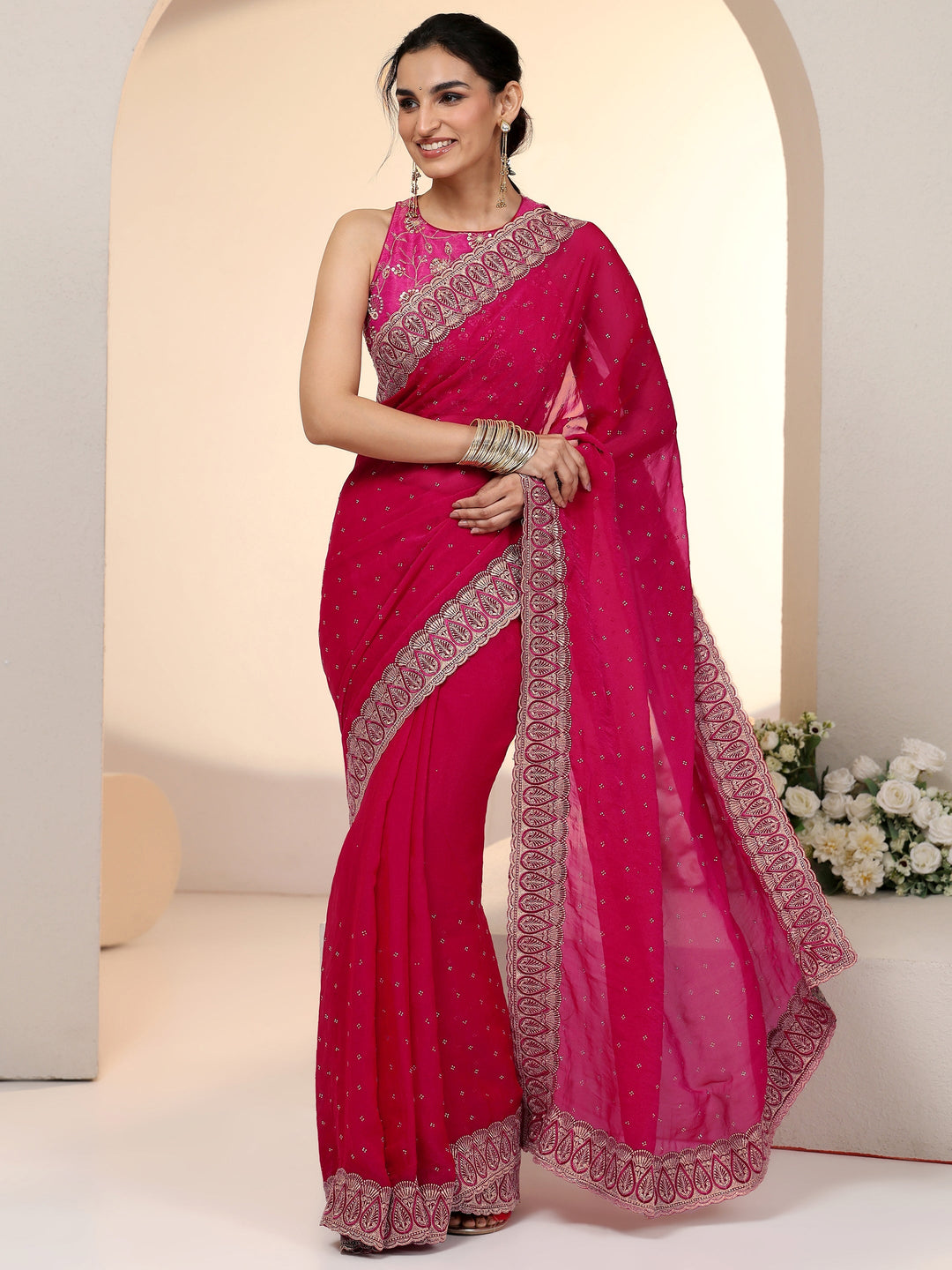  Libas Fuchsia Pink Stone Work Striped Embellished Tissue Saree 
