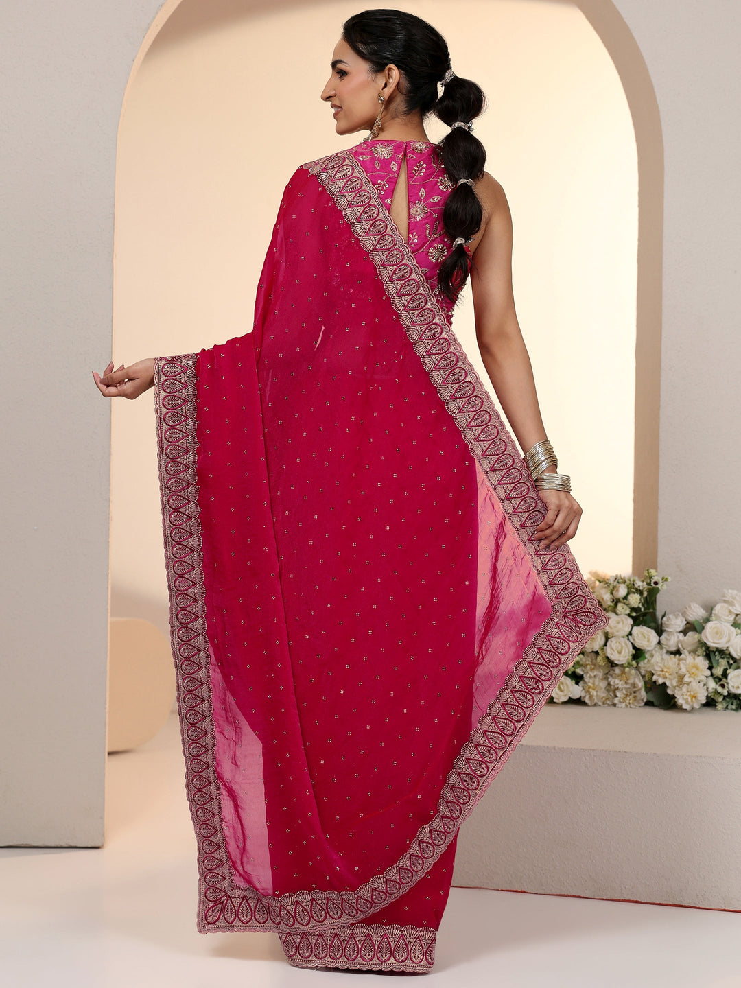  Libas Fuchsia Pink Stone Work Striped Embellished Tissue Saree 