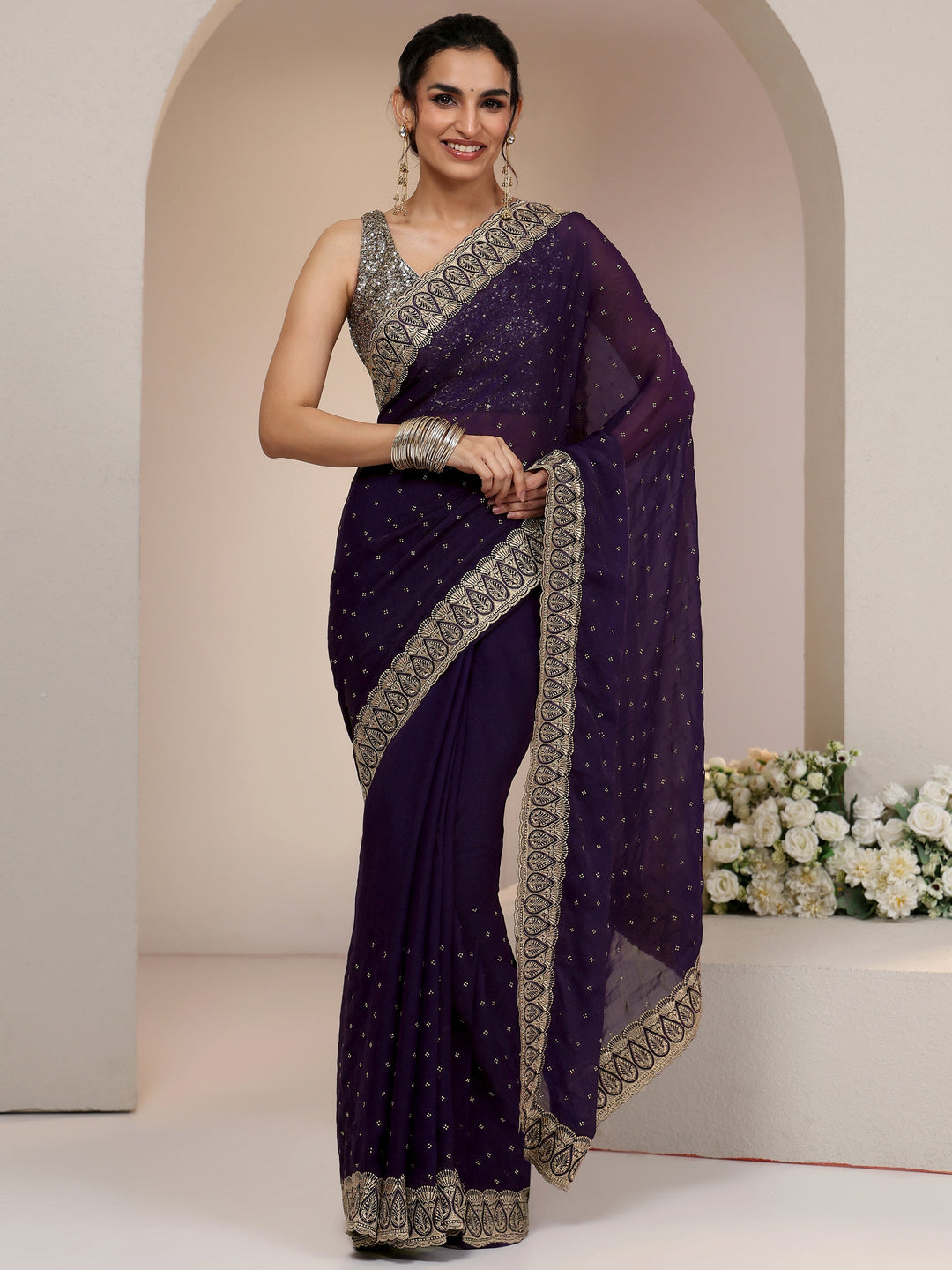  Libas Amethyst Purple Tissue Saree with Floral Embellishments 