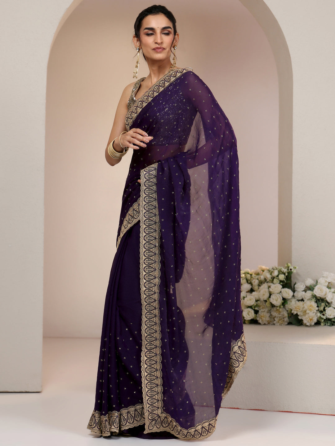  Libas Amethyst Purple Tissue Saree with Floral Embellishments 