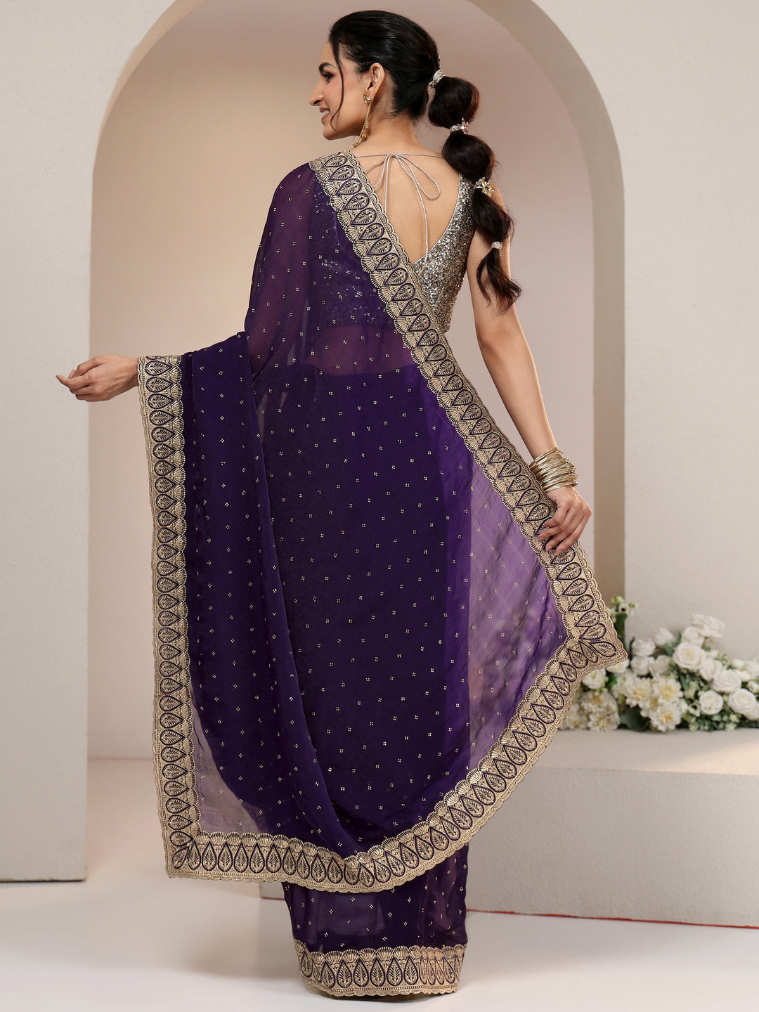  Libas Amethyst Purple Tissue Saree with Floral Embellishments 