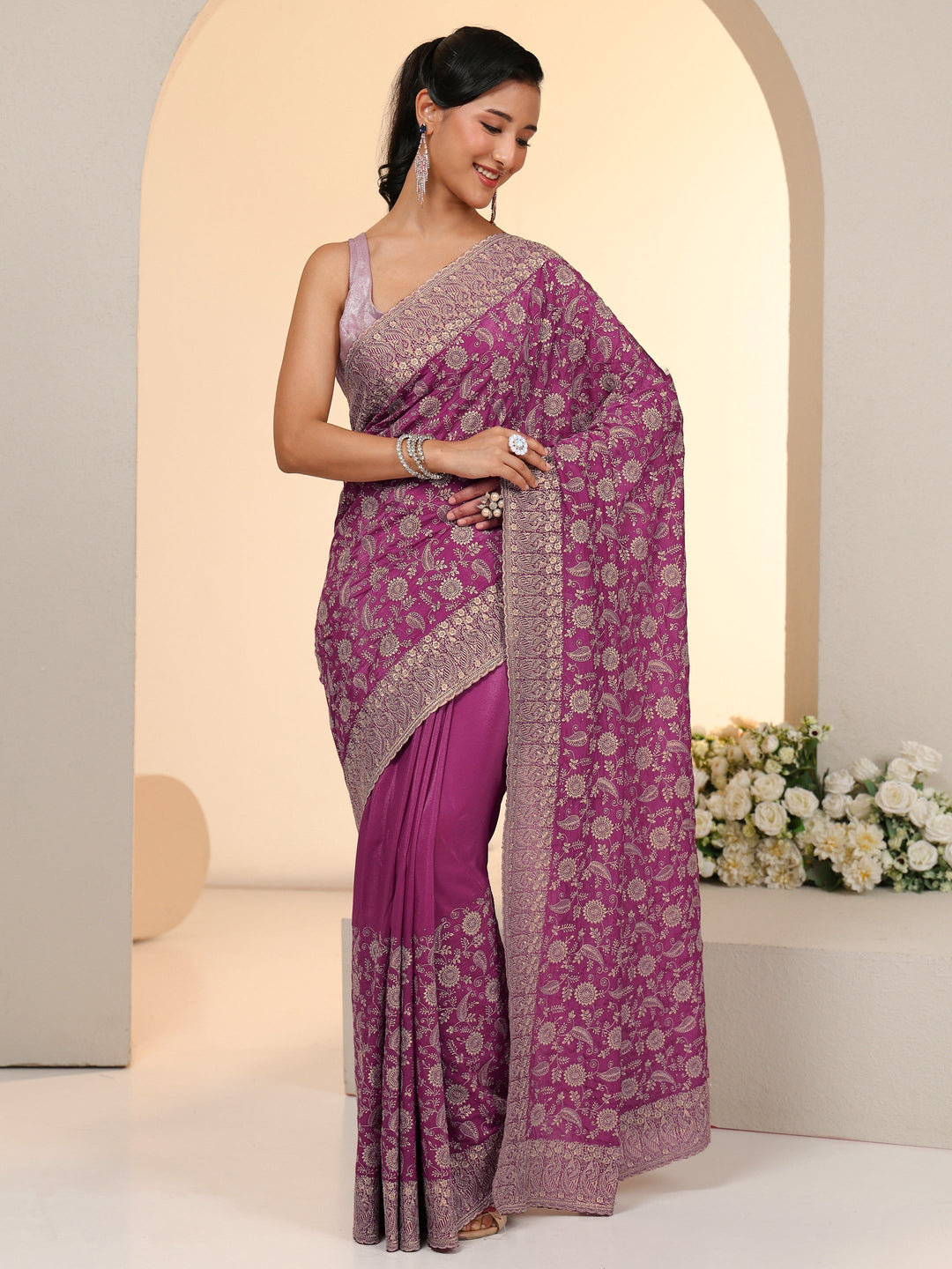  Libas Mauve Satin Saree with Floral Embellishments 
