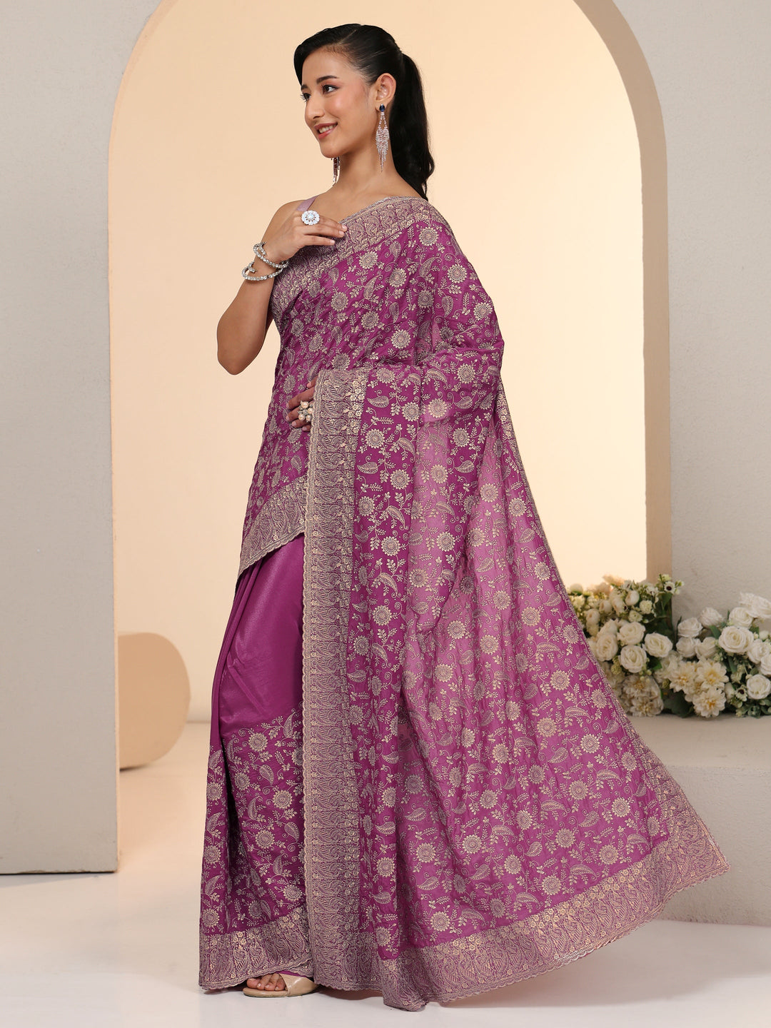  Libas Mauve Satin Saree with Floral Embellishments 