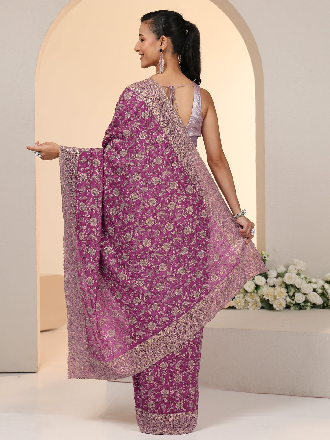  Libas Mauve Satin Saree with Floral Embellishments 
