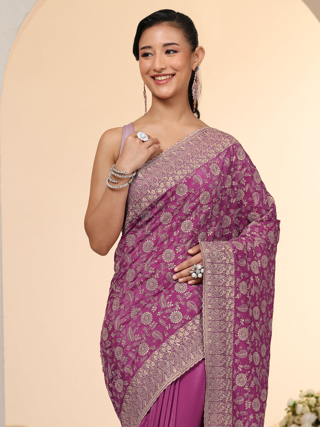  Libas Mauve Satin Saree with Floral Embellishments 