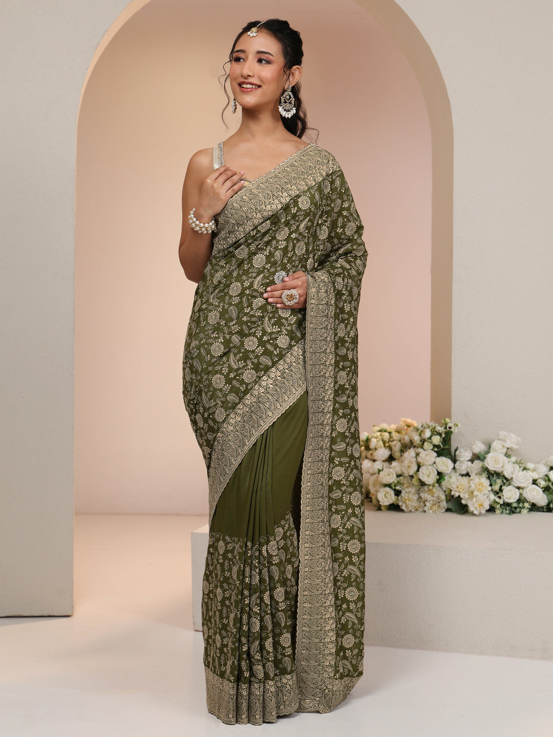  Libas Leaf Green Satin Saree with Floral Embellishments 