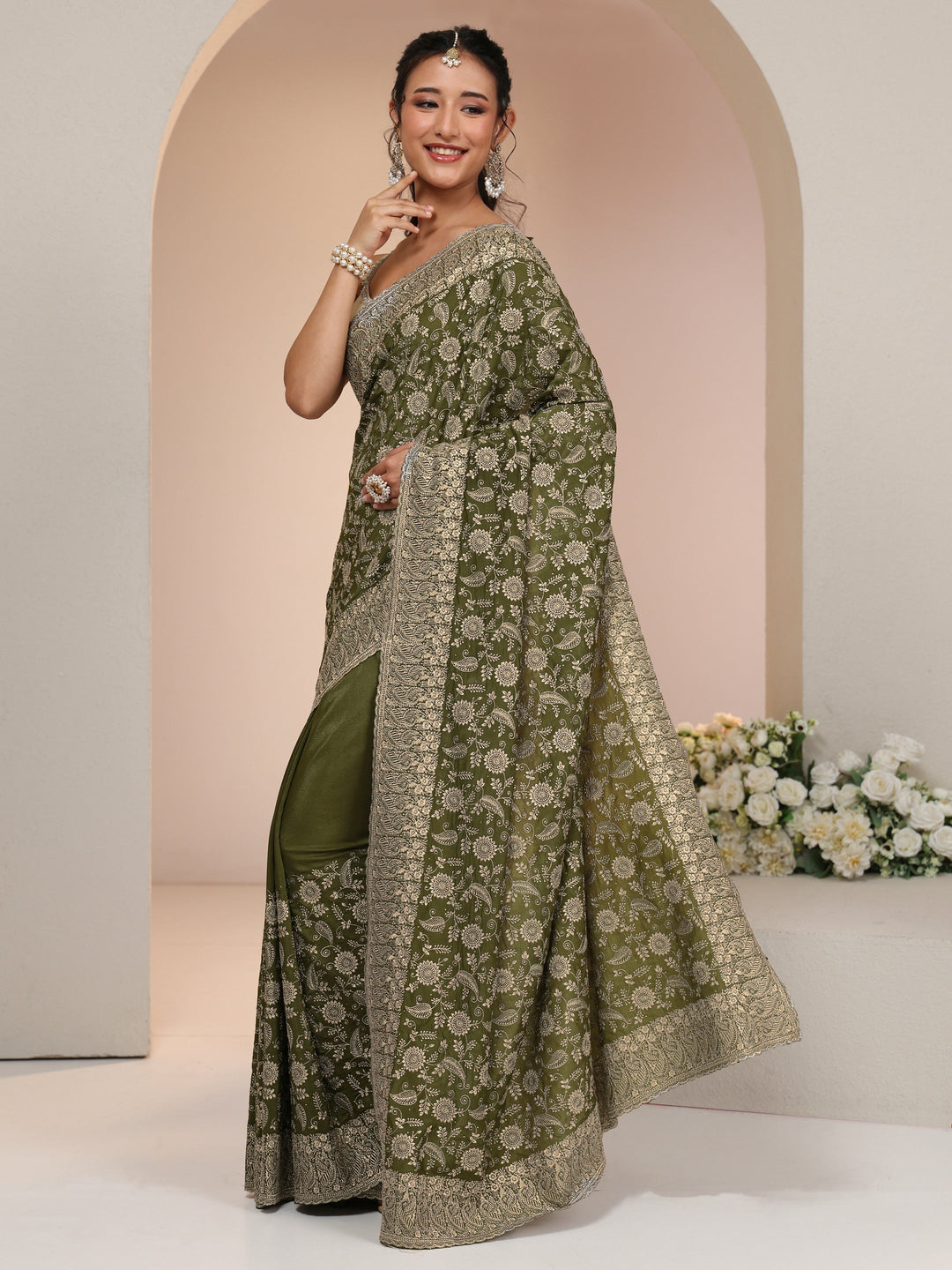  Libas Leaf Green Satin Saree with Floral Embellishments 
