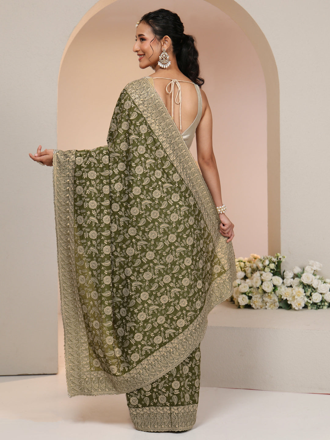  Libas Leaf Green Satin Saree with Floral Embellishments 