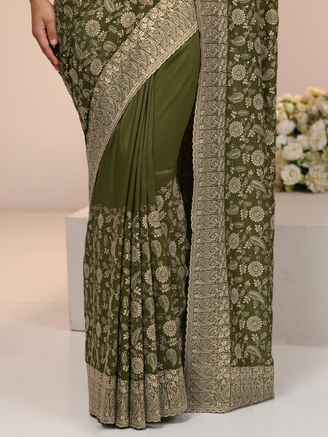  Libas Leaf Green Satin Saree with Floral Embellishments 