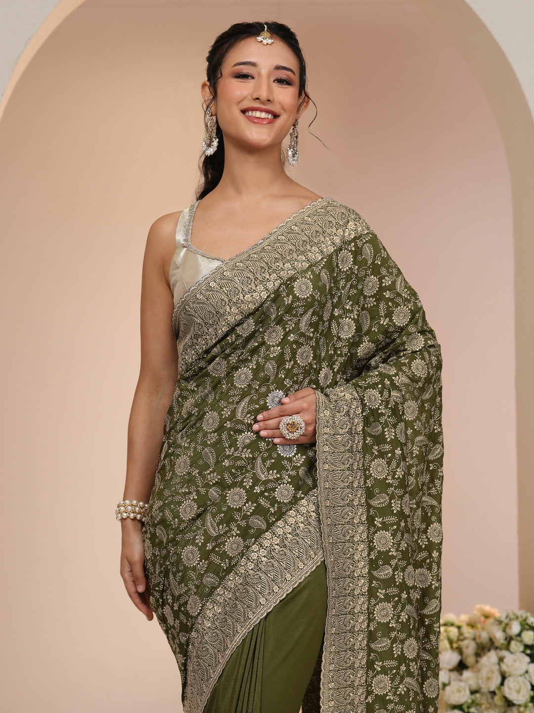  Libas Leaf Green Satin Saree with Floral Embellishments 