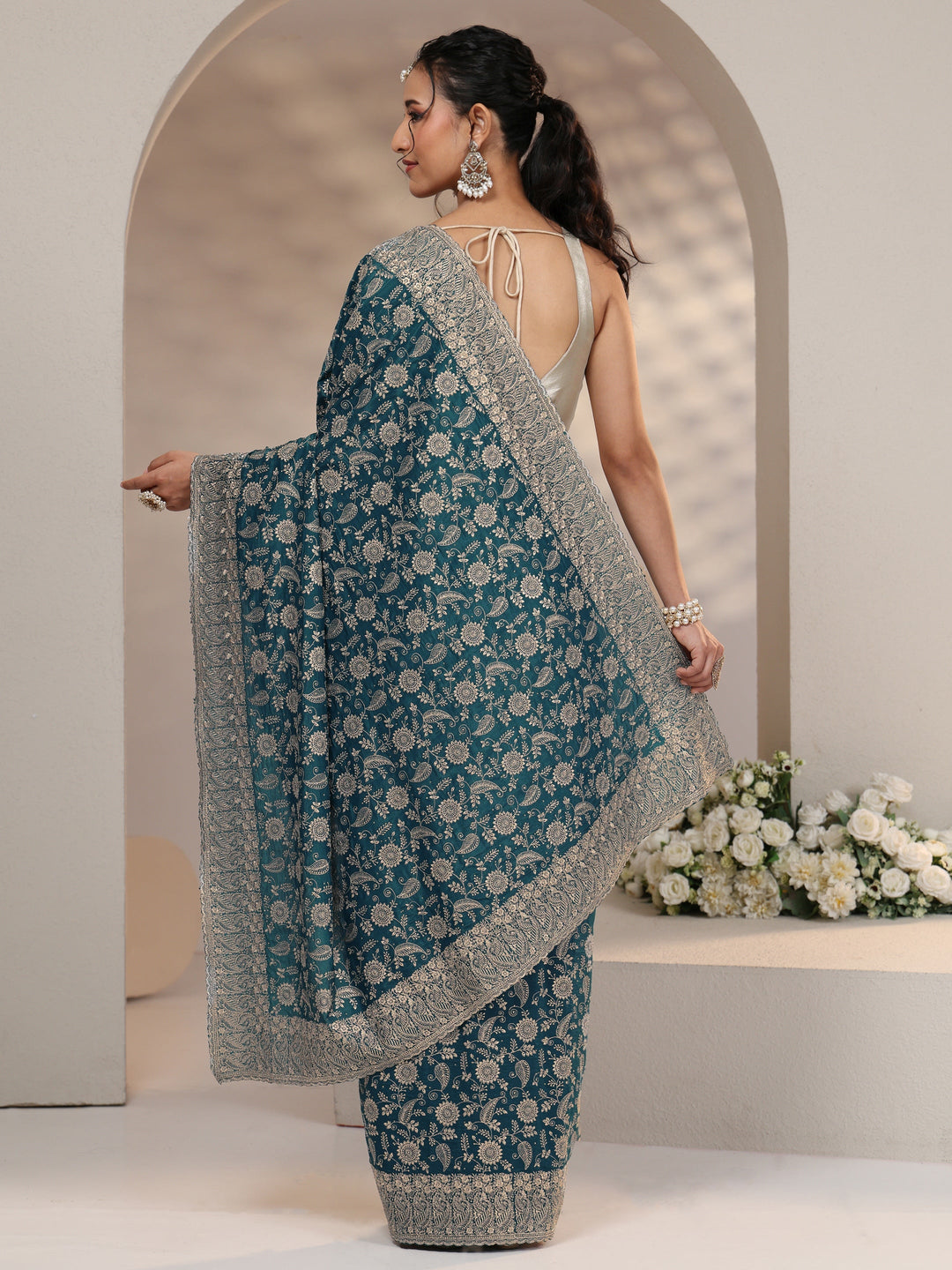  Libas Slate Blue Satin Saree with Floral Embellishments 