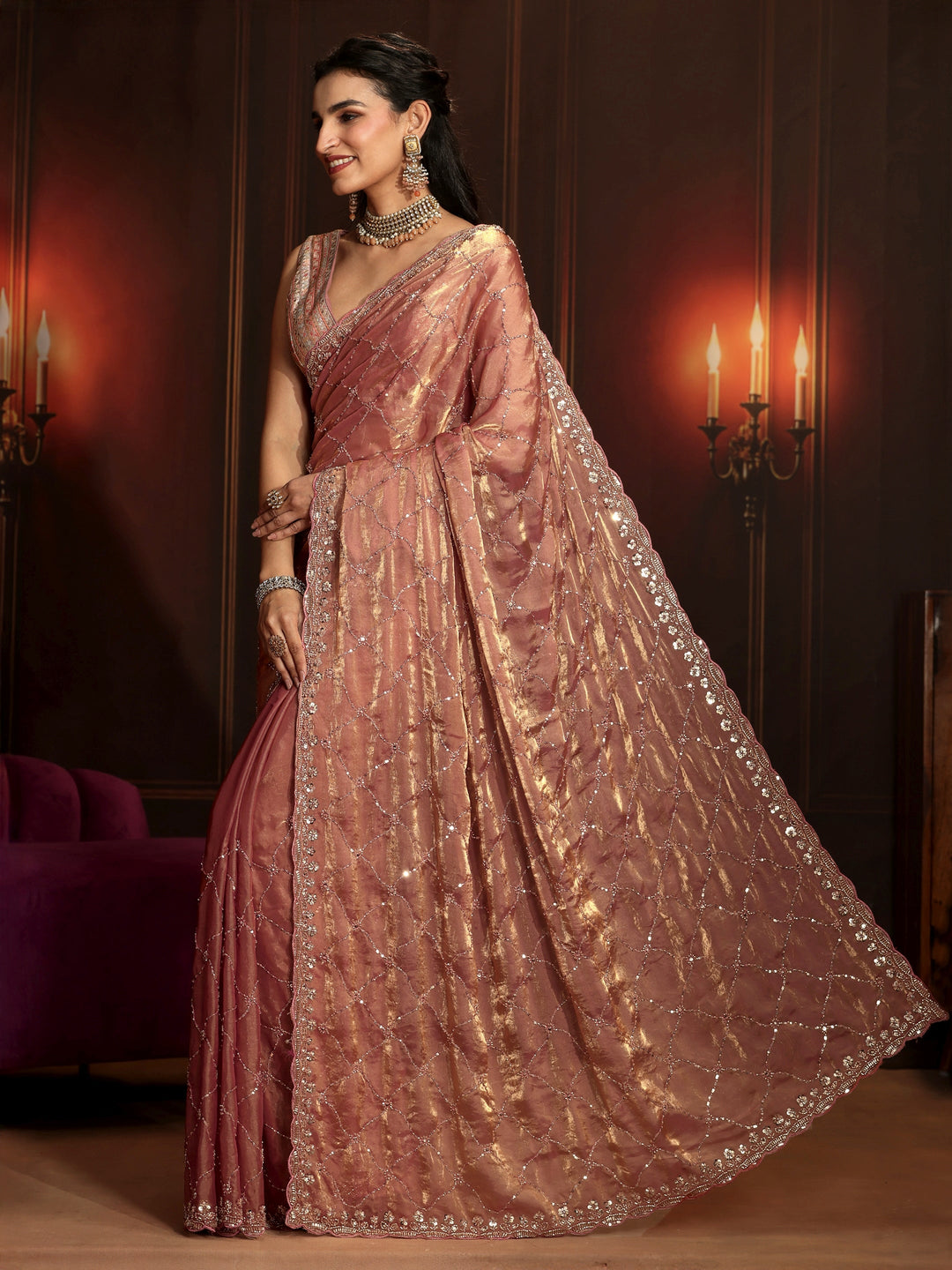  Libas Art Peach Pink Embellished Tissue Saree 