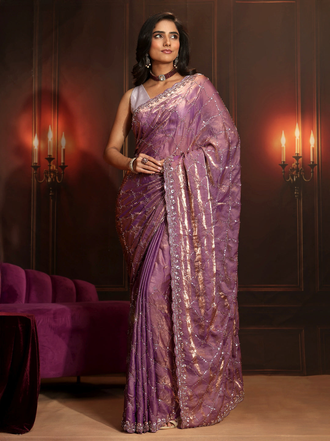  Libas Art Lavender Embellished Tissue Saree 