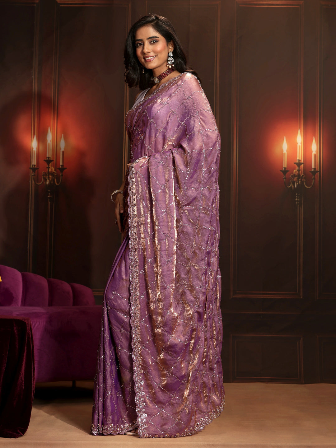  Libas Art Lavender Embellished Tissue Saree 