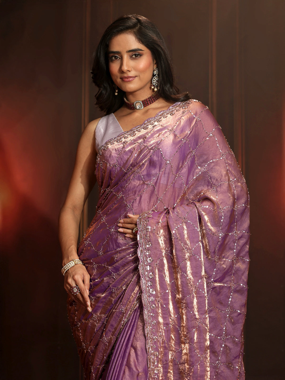  Libas Art Lavender Embellished Tissue Saree 
