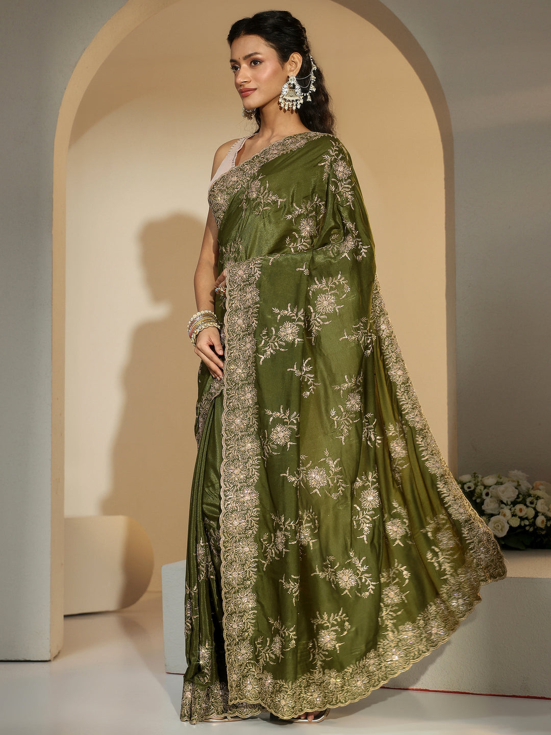  Libas Olive Geen Floral Embroidered Satin Saree 