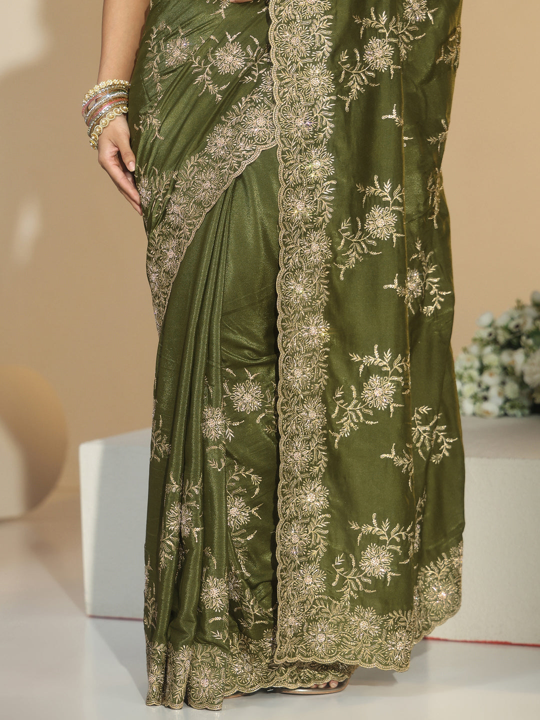  Libas Olive Geen Floral Embroidered Satin Saree 