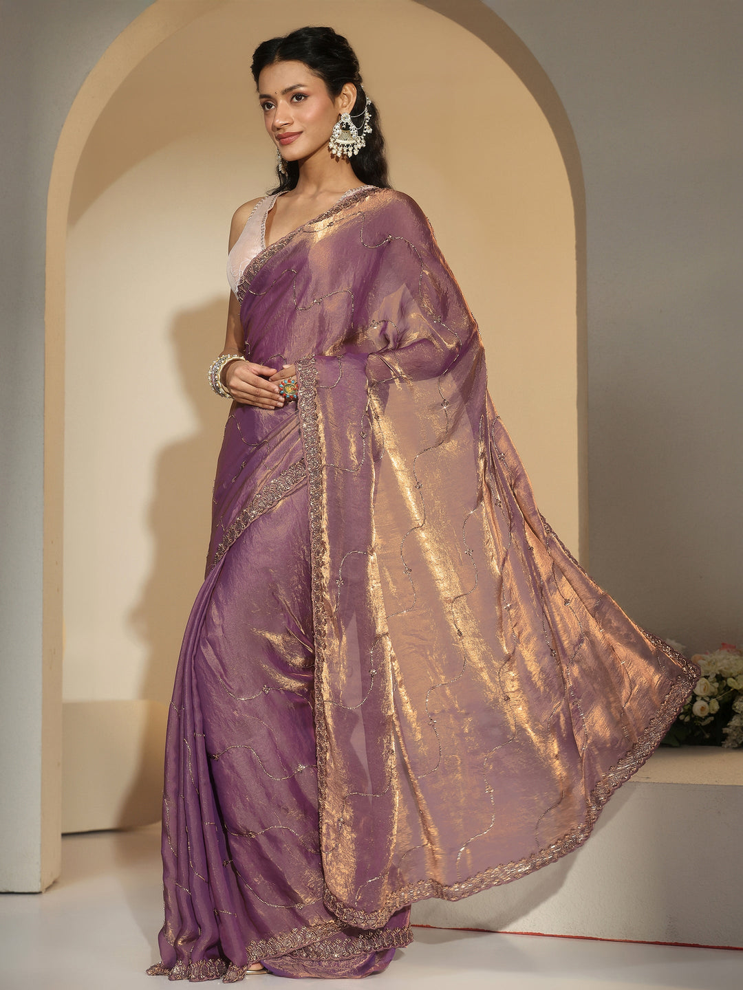  Libas Lavender Embellished Tissue Saree 