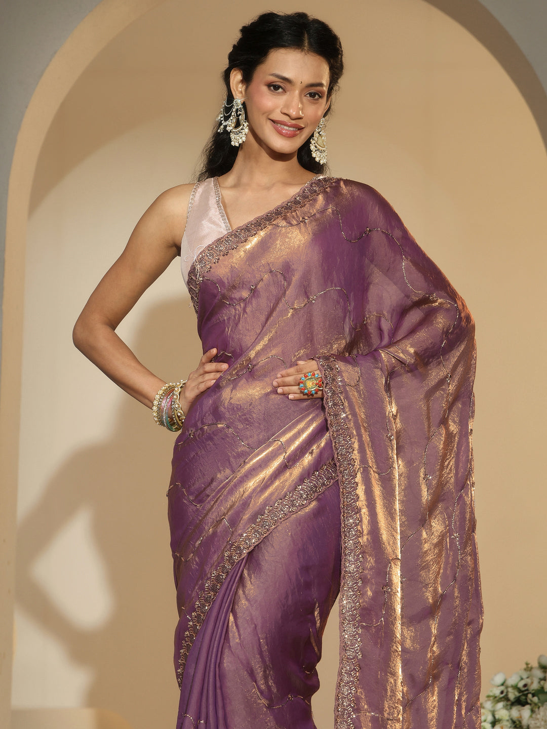  Libas Lavender Embellished Tissue Saree 