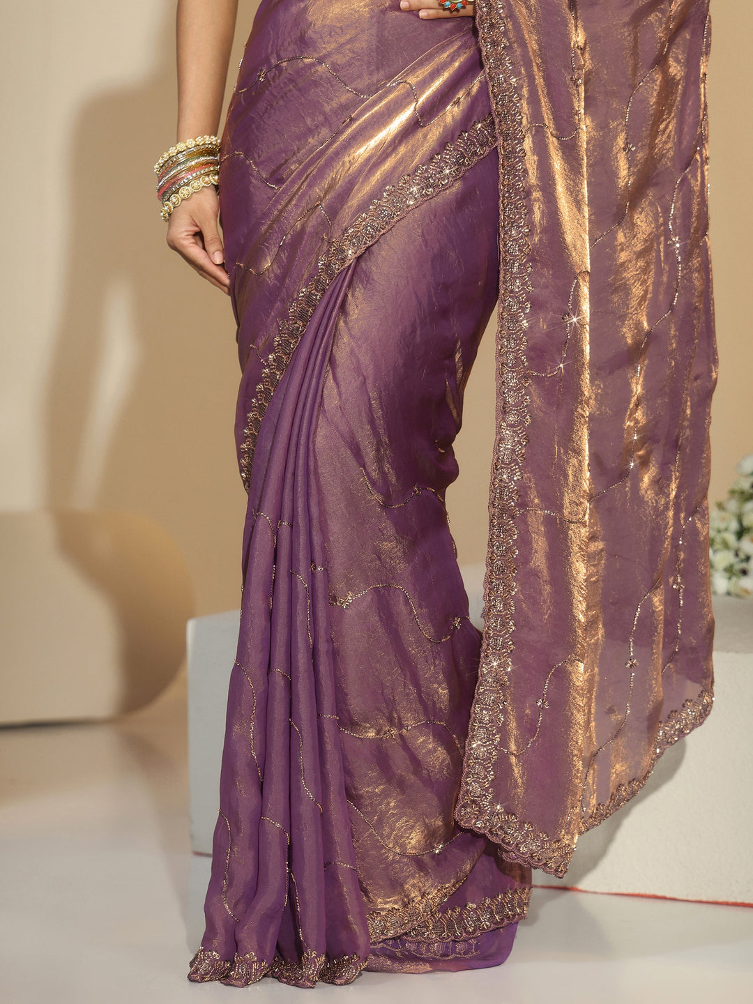  Libas Lavender Embellished Tissue Saree 