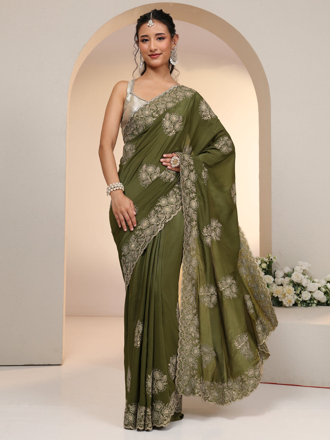  Libas Leaf Green Satin Saree with Embroidered Floral Motifs 