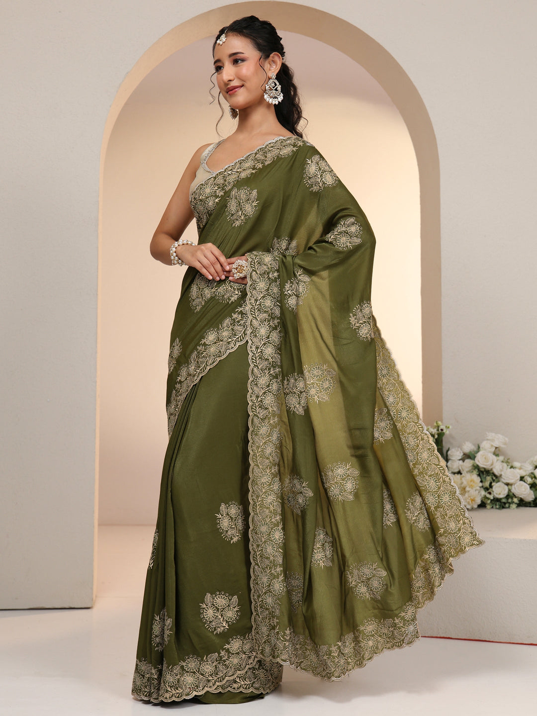  Libas Leaf Green Satin Saree with Embroidered Floral Motifs 