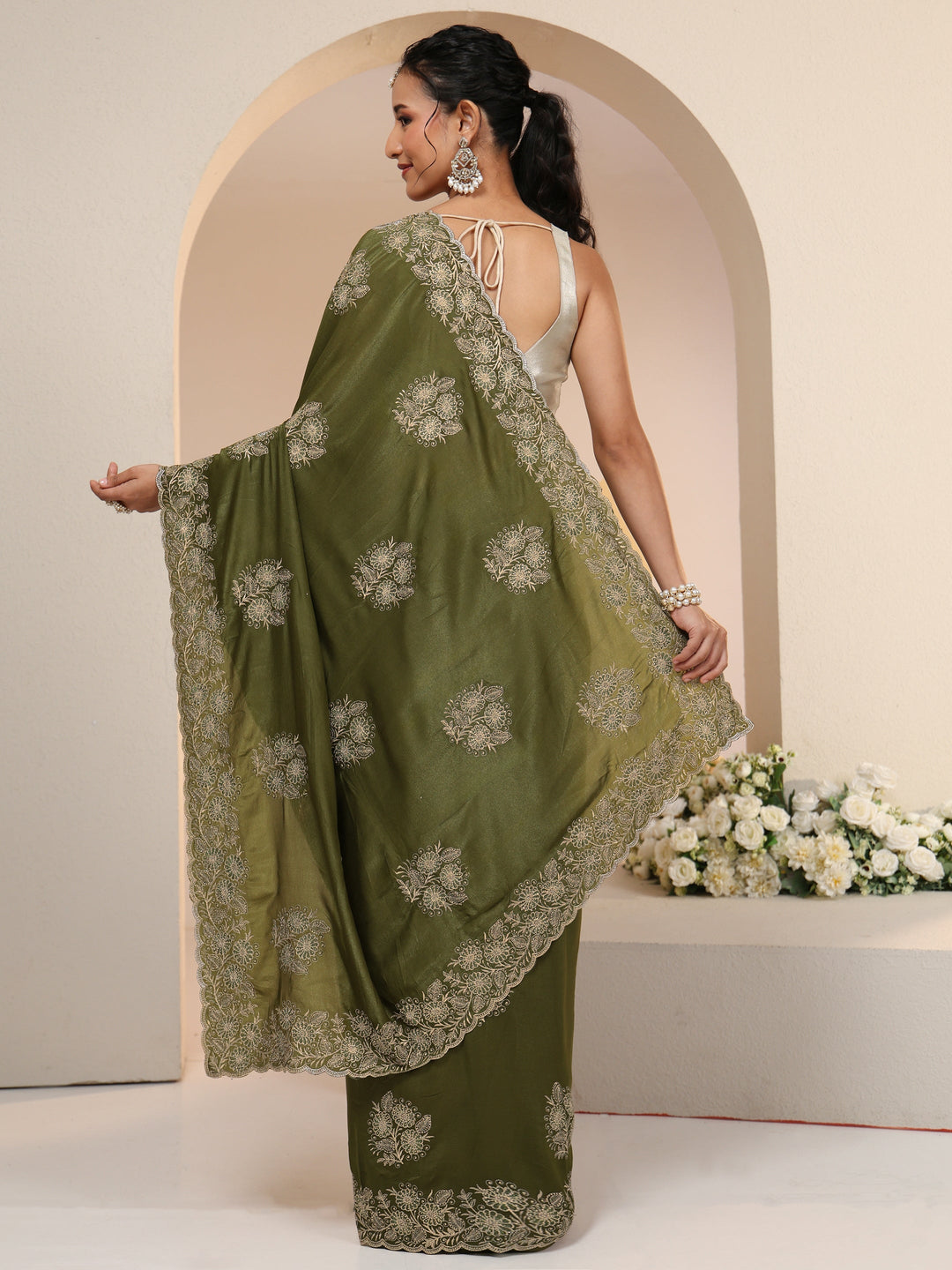  Libas Leaf Green Satin Saree with Embroidered Floral Motifs 