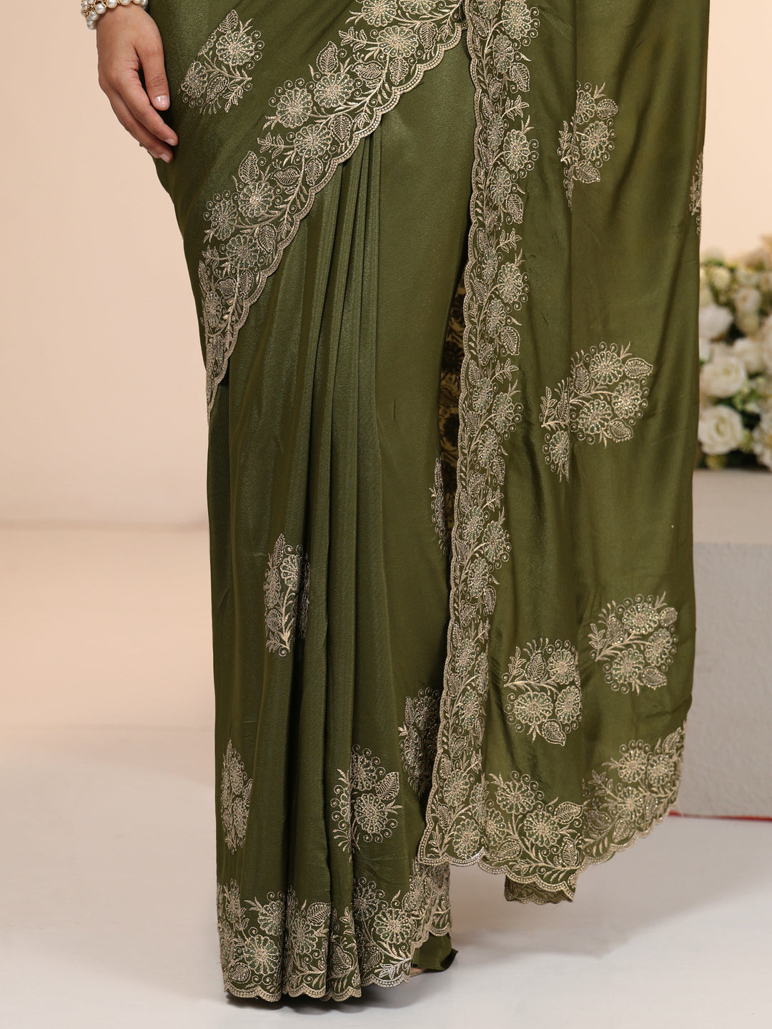  Libas Leaf Green Satin Saree with Embroidered Floral Motifs 